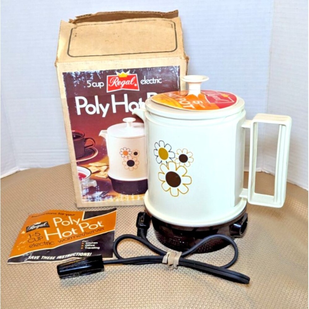 Regal Poly Hot Pot 5 Cup Electric Water Daisy Cream Brown Cord Instructions Box